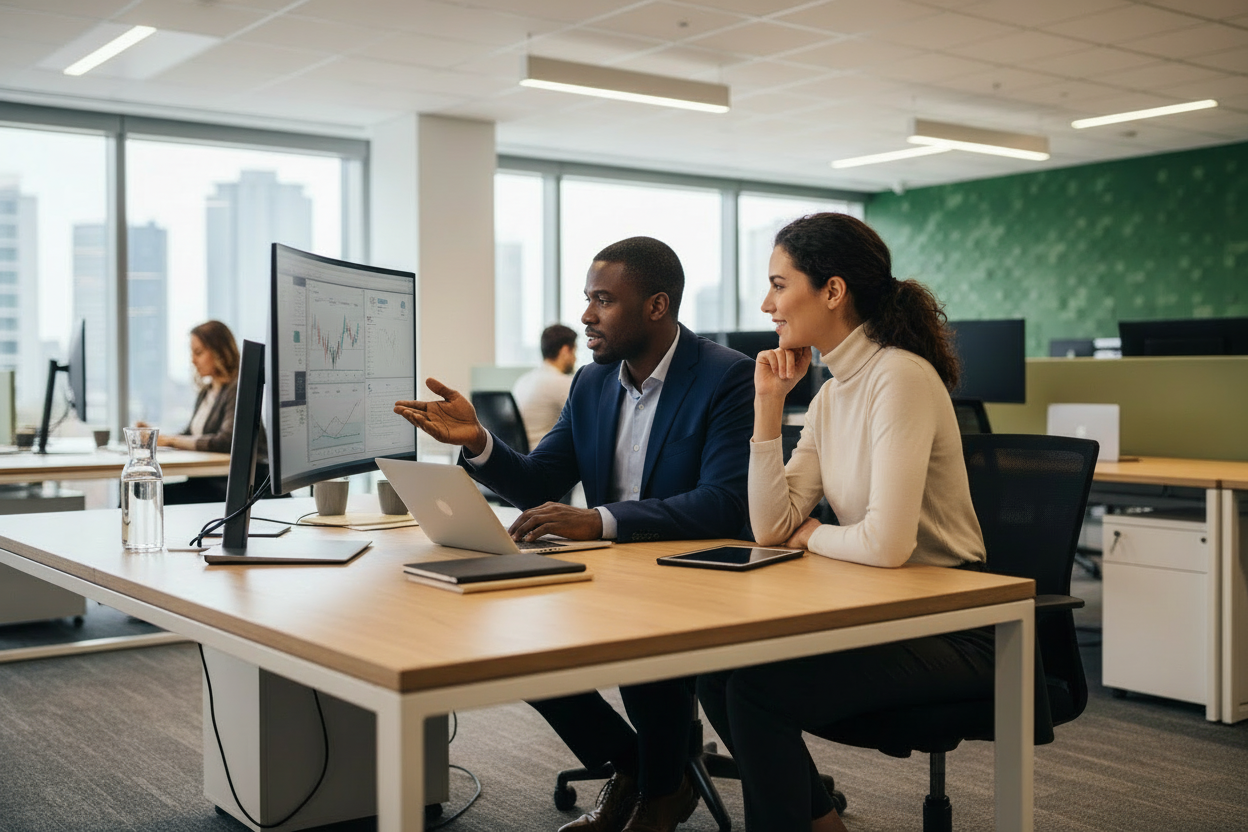 Homme sur son ordinateur en train de conseiller un entrepreneur